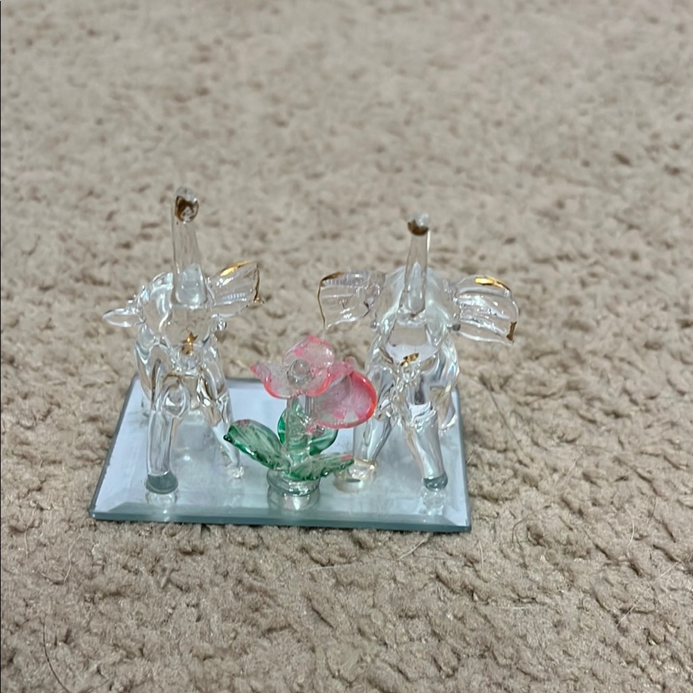 Glass Elephant Figurines with Pink Flower